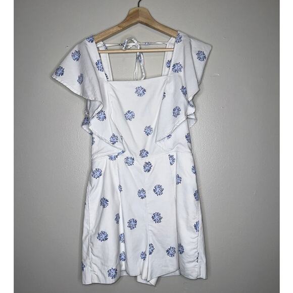 Club Monaco Darmida Floral Romper Ruffle Detail Open Back Size 4 Blue/White - Picture 2 of 11